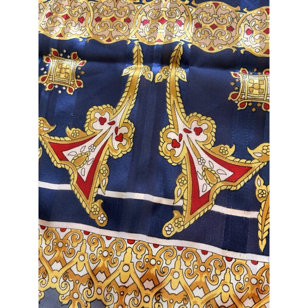 VTG Lucky 100% Silk Scarf Large Baroque Medallion Blue Gold Satin Stripe Border - Picture 11 of 16